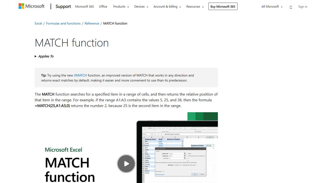 MATCH function - Microsoft Support