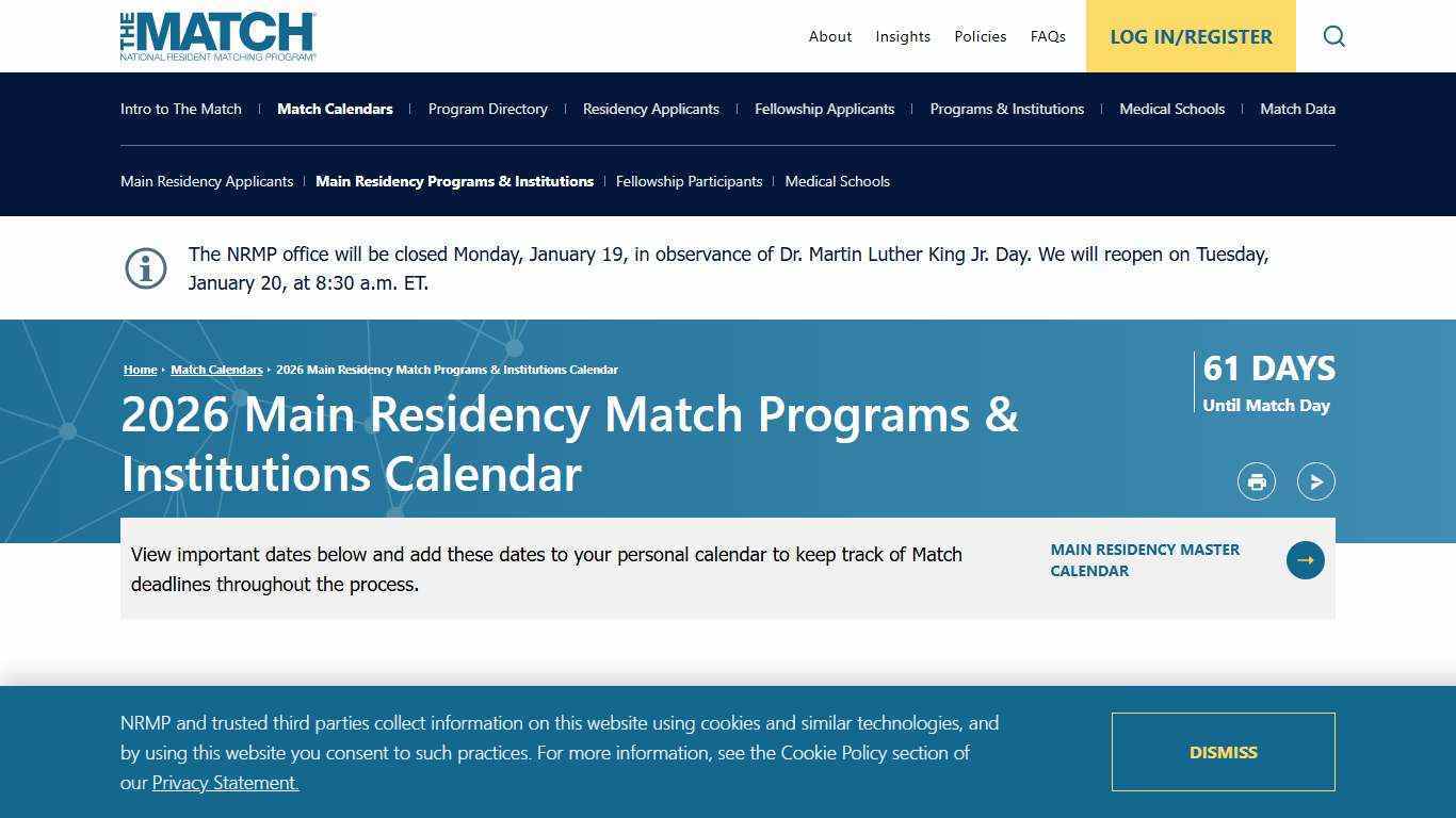 2026 Main Residency Match Programs & Institutions Calendar | NRMP